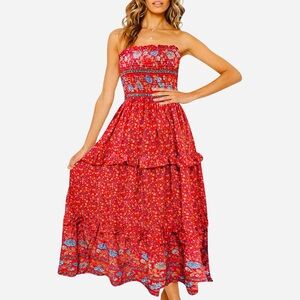 Zesica Vibrant Strapless Maxi Sundress with Floral Design - Small - Red, Blue